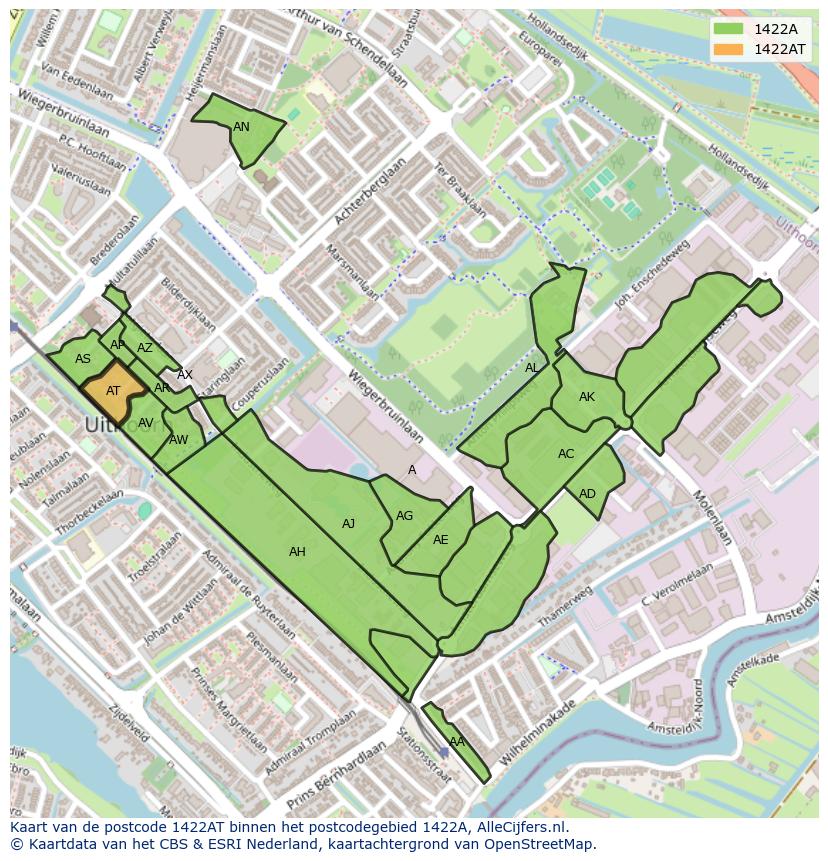 Afbeelding van het postcodegebied 1422 AT op de kaart.