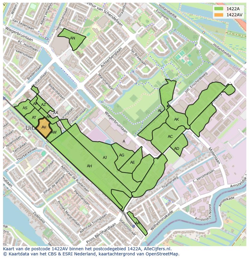 Afbeelding van het postcodegebied 1422 AV op de kaart.