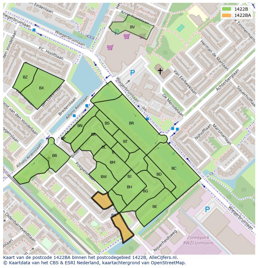 Afbeelding van het postcodegebied 1422 BA op de kaart.