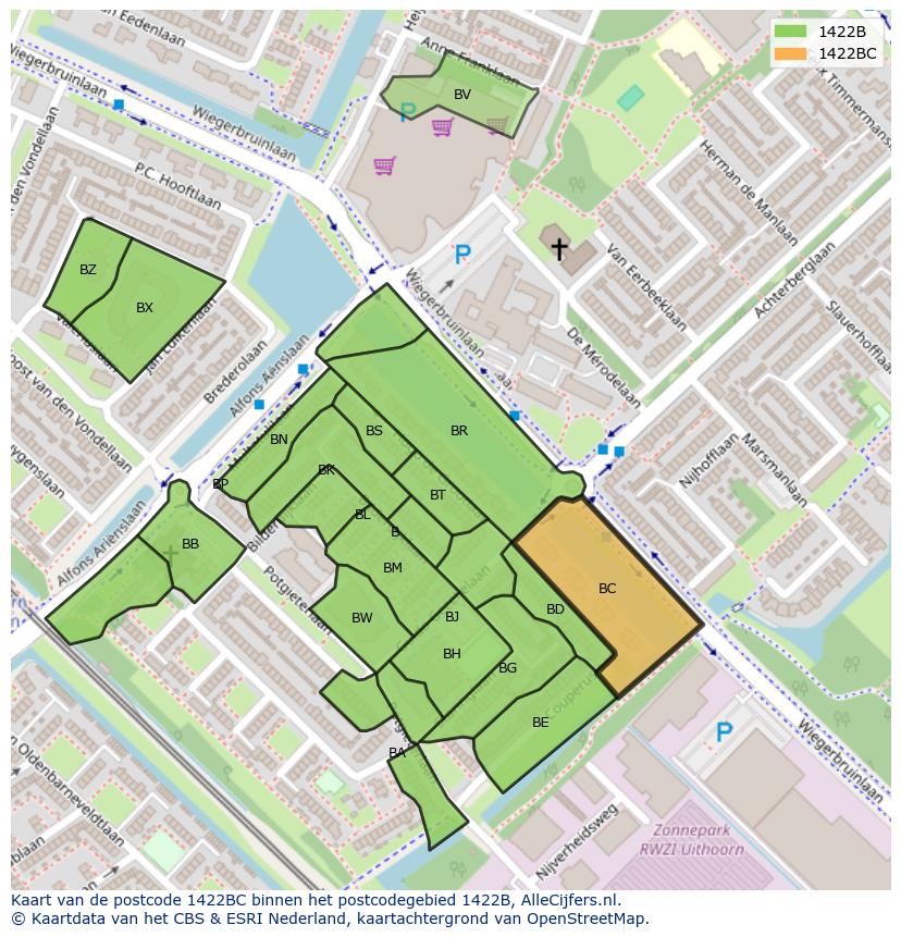 Afbeelding van het postcodegebied 1422 BC op de kaart.
