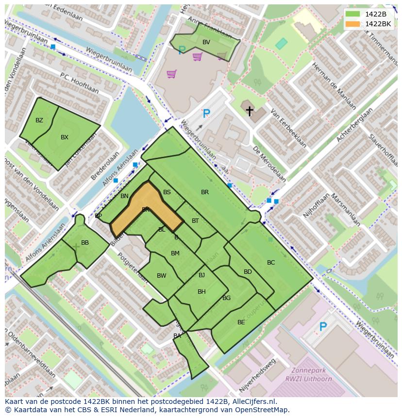 Afbeelding van het postcodegebied 1422 BK op de kaart.