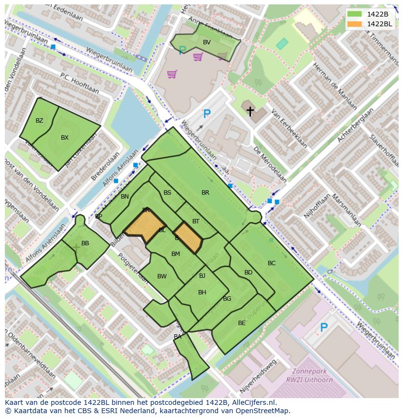 Afbeelding van het postcodegebied 1422 BL op de kaart.