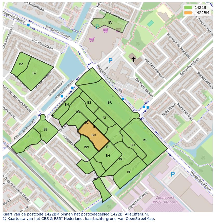 Afbeelding van het postcodegebied 1422 BM op de kaart.