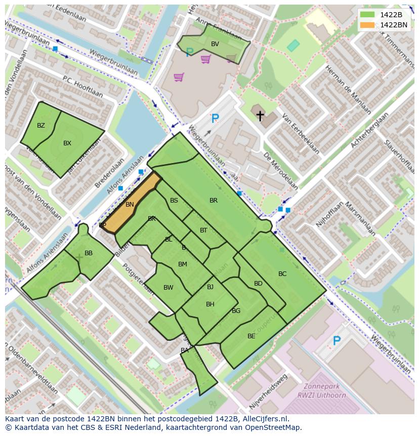 Afbeelding van het postcodegebied 1422 BN op de kaart.