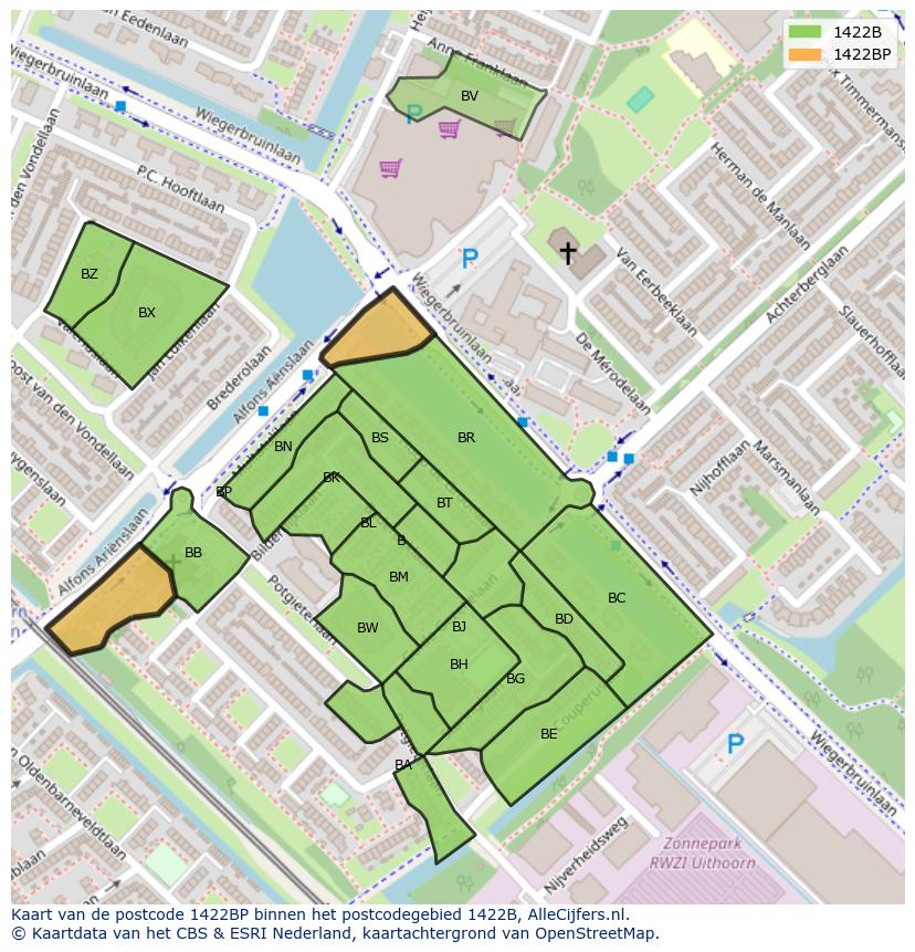 Afbeelding van het postcodegebied 1422 BP op de kaart.