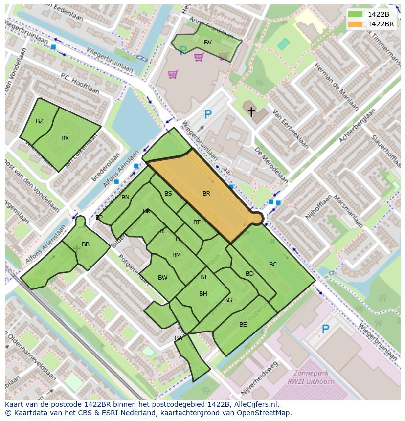 Afbeelding van het postcodegebied 1422 BR op de kaart.