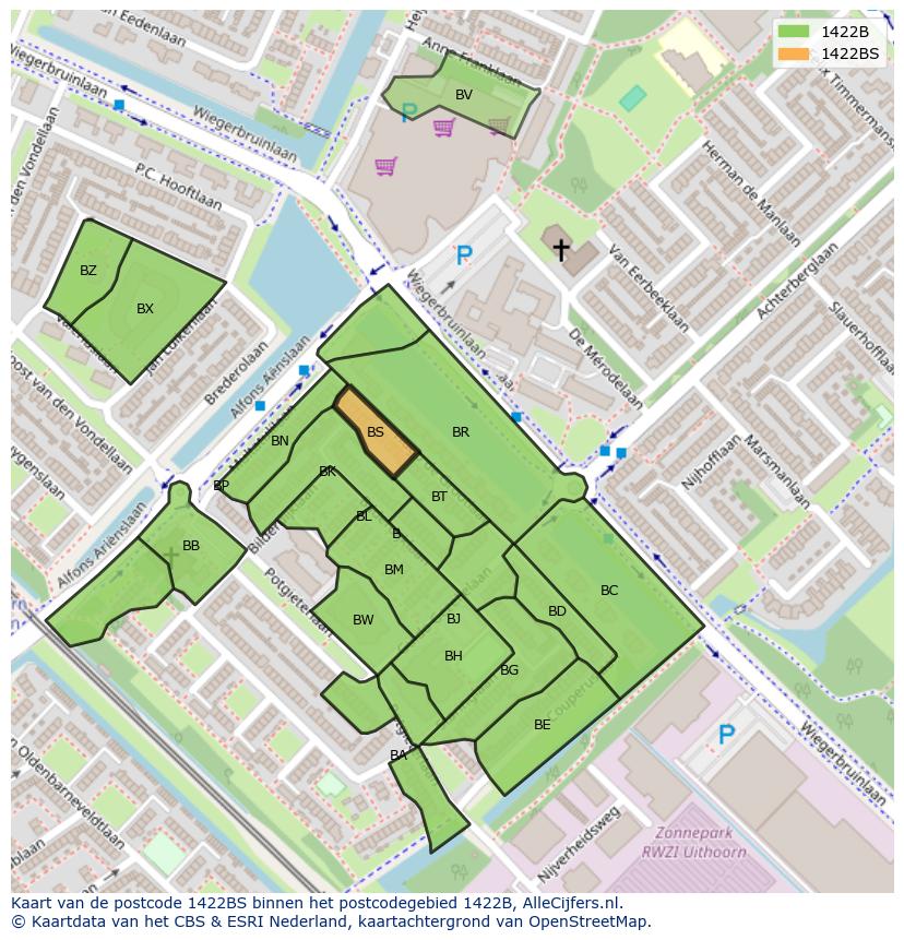 Afbeelding van het postcodegebied 1422 BS op de kaart.