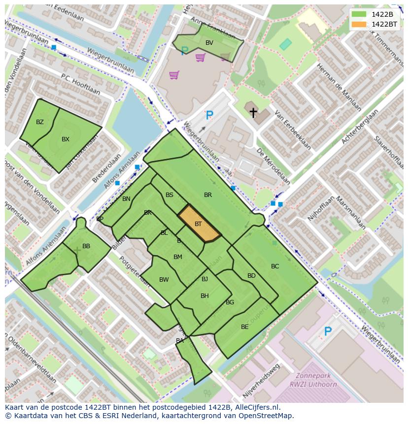 Afbeelding van het postcodegebied 1422 BT op de kaart.