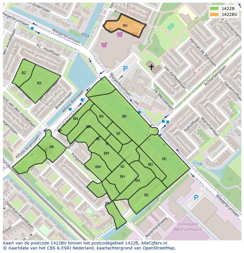 Afbeelding van het postcodegebied 1422 BV op de kaart.