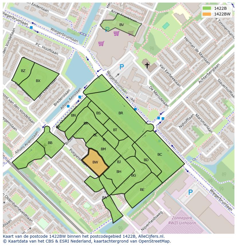 Afbeelding van het postcodegebied 1422 BW op de kaart.