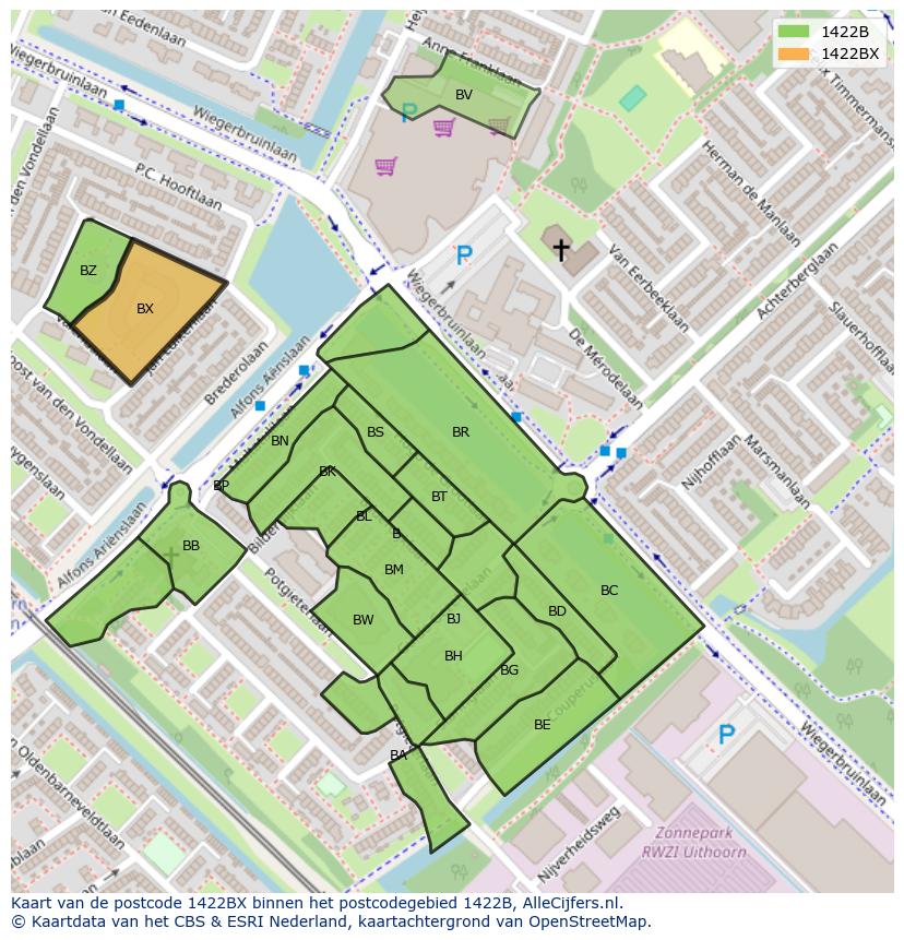 Afbeelding van het postcodegebied 1422 BX op de kaart.