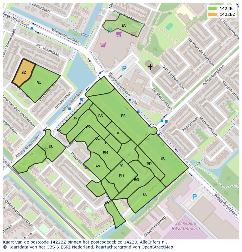 Afbeelding van het postcodegebied 1422 BZ op de kaart.
