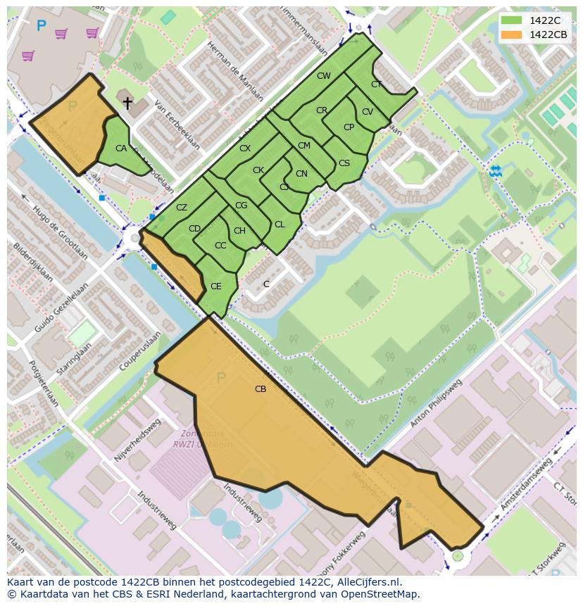 Afbeelding van het postcodegebied 1422 CB op de kaart.