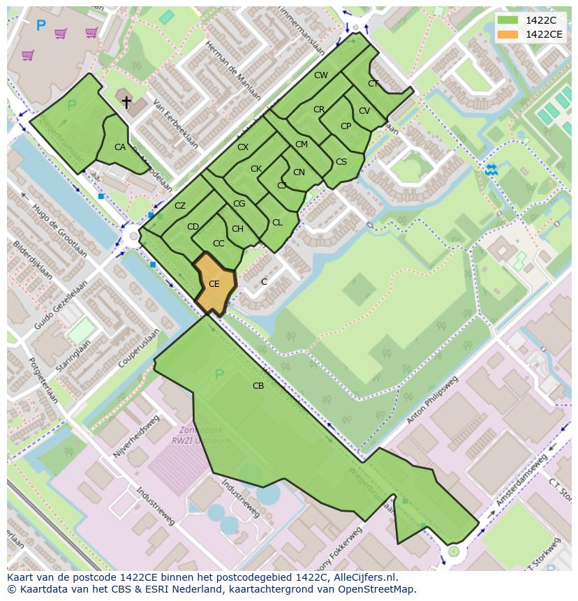 Afbeelding van het postcodegebied 1422 CE op de kaart.