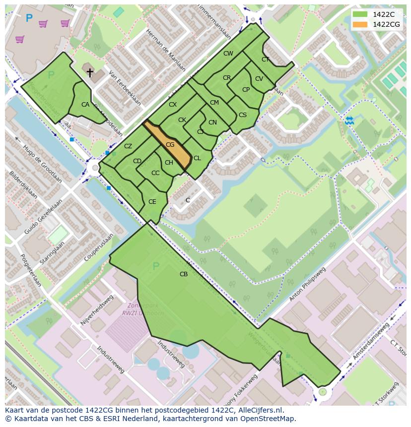 Afbeelding van het postcodegebied 1422 CG op de kaart.