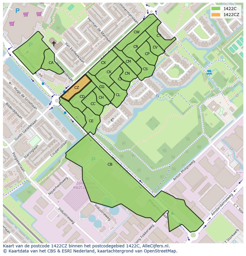 Afbeelding van het postcodegebied 1422 CZ op de kaart.