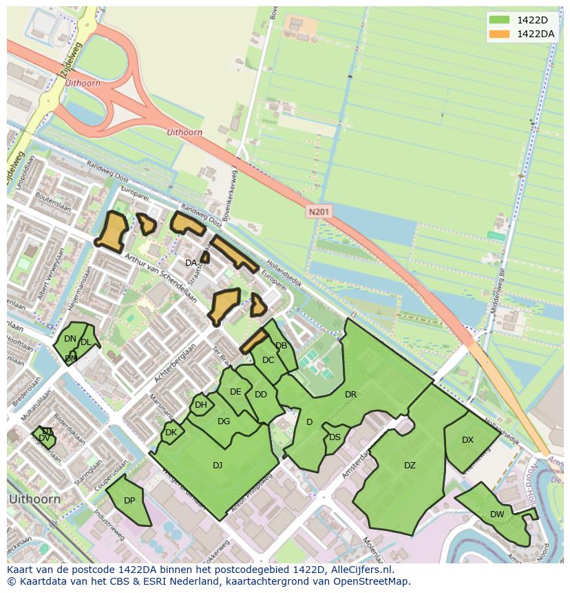 Afbeelding van het postcodegebied 1422 DA op de kaart.