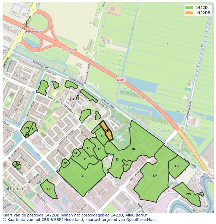 Afbeelding van het postcodegebied 1422 DB op de kaart.