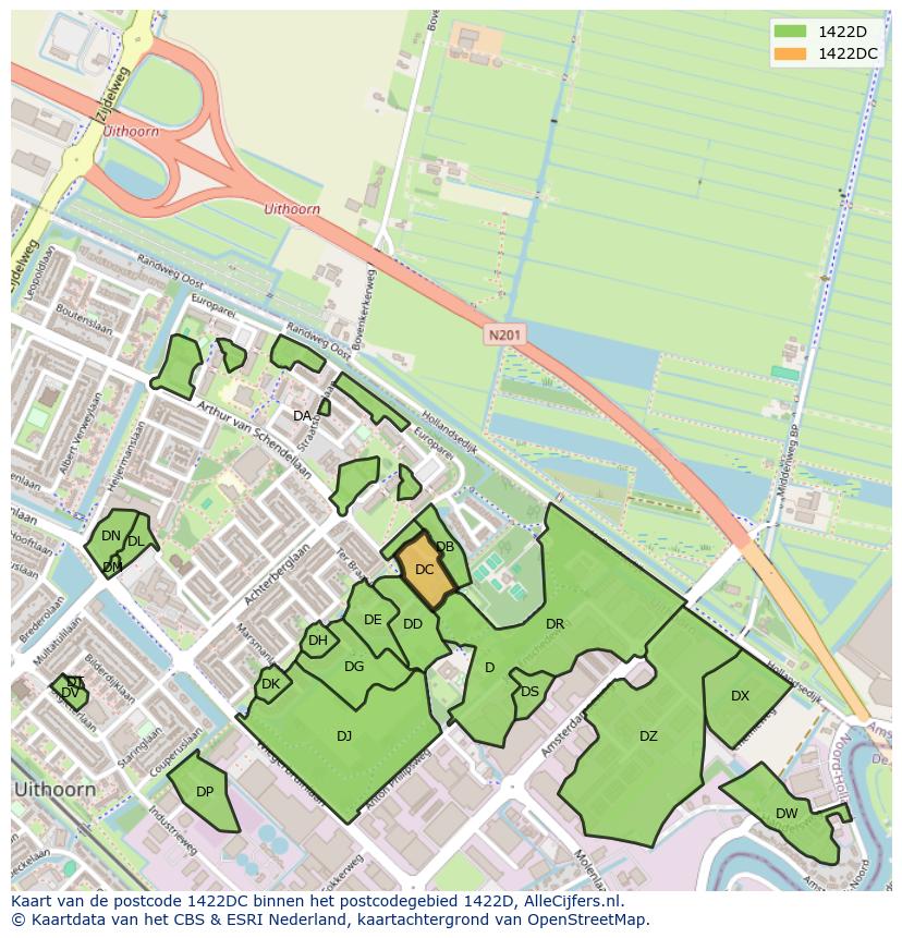 Afbeelding van het postcodegebied 1422 DC op de kaart.