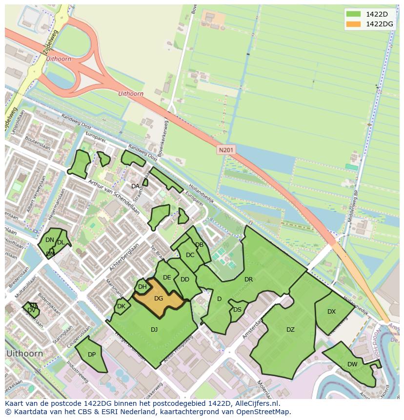 Afbeelding van het postcodegebied 1422 DG op de kaart.