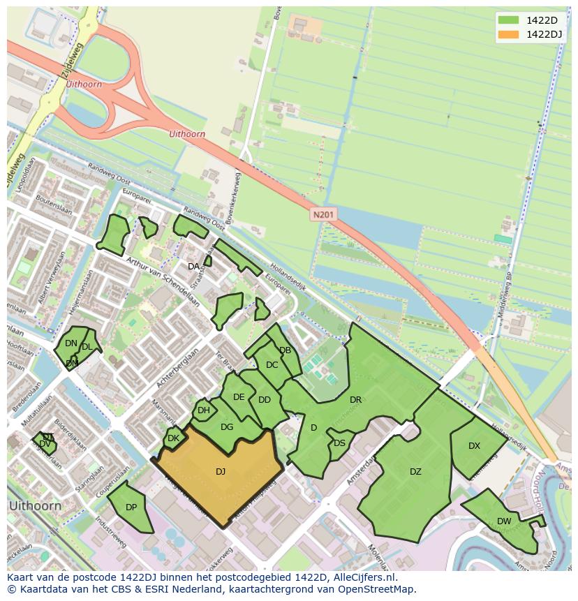 Afbeelding van het postcodegebied 1422 DJ op de kaart.