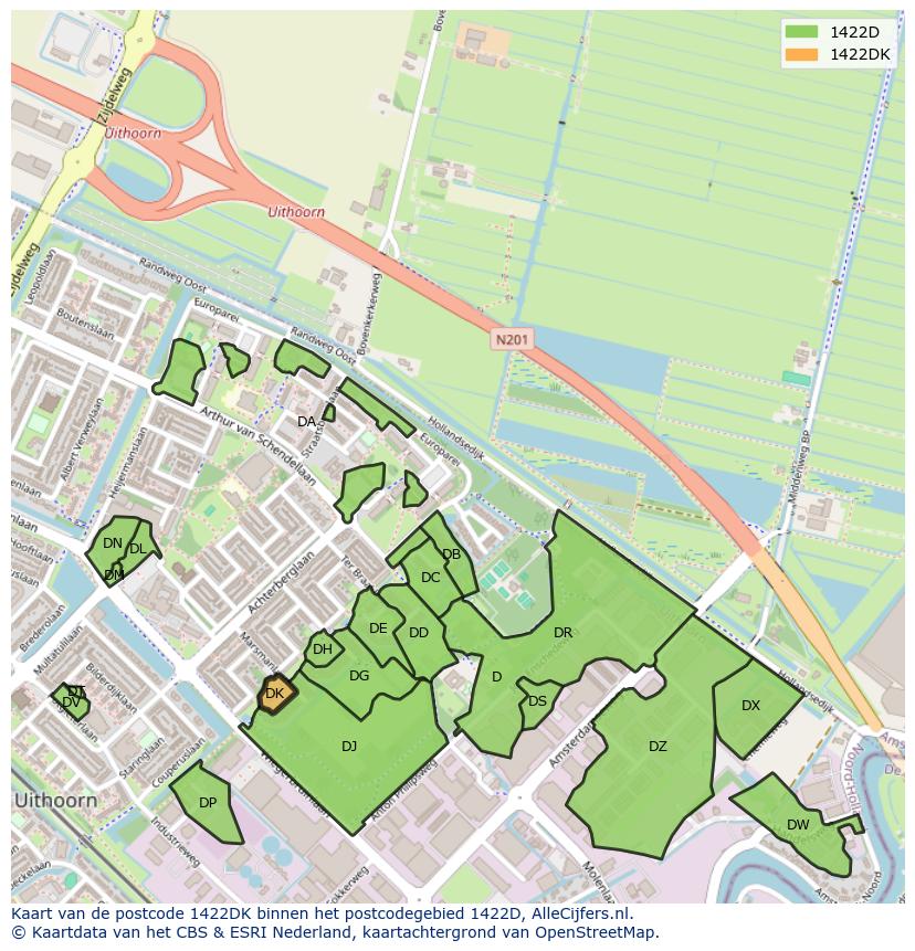 Afbeelding van het postcodegebied 1422 DK op de kaart.