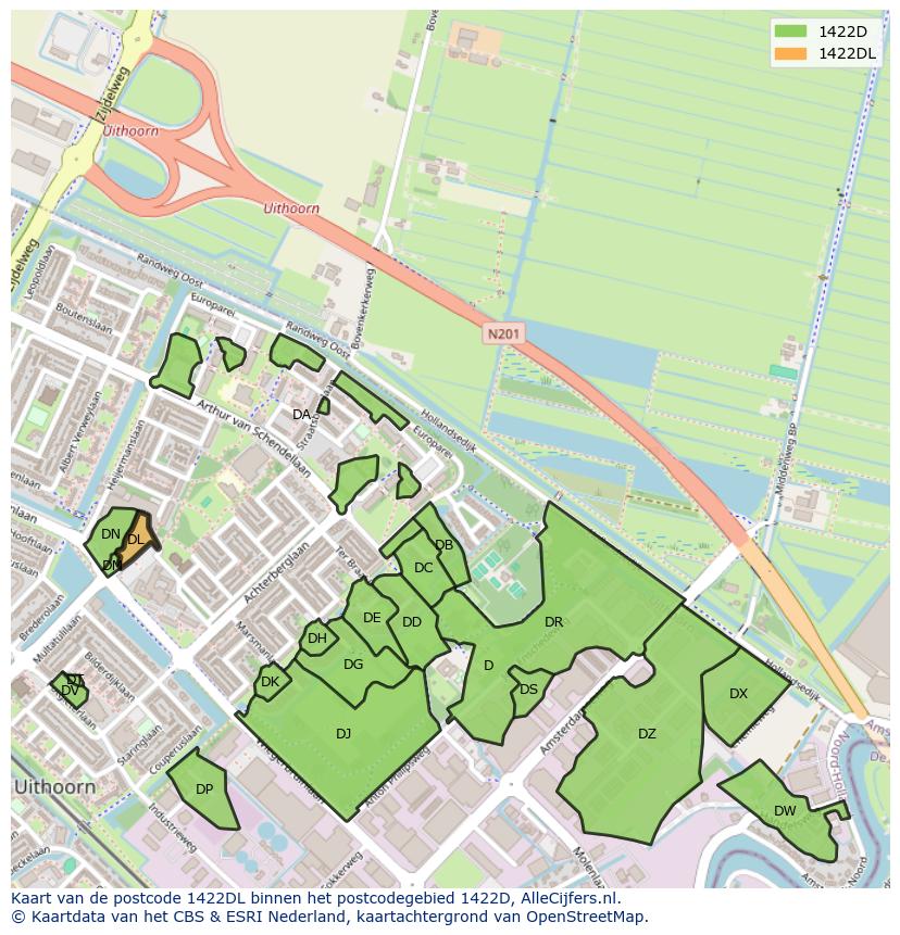 Afbeelding van het postcodegebied 1422 DL op de kaart.