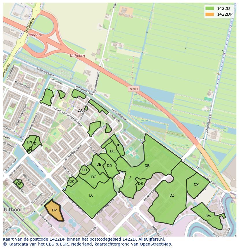 Afbeelding van het postcodegebied 1422 DP op de kaart.