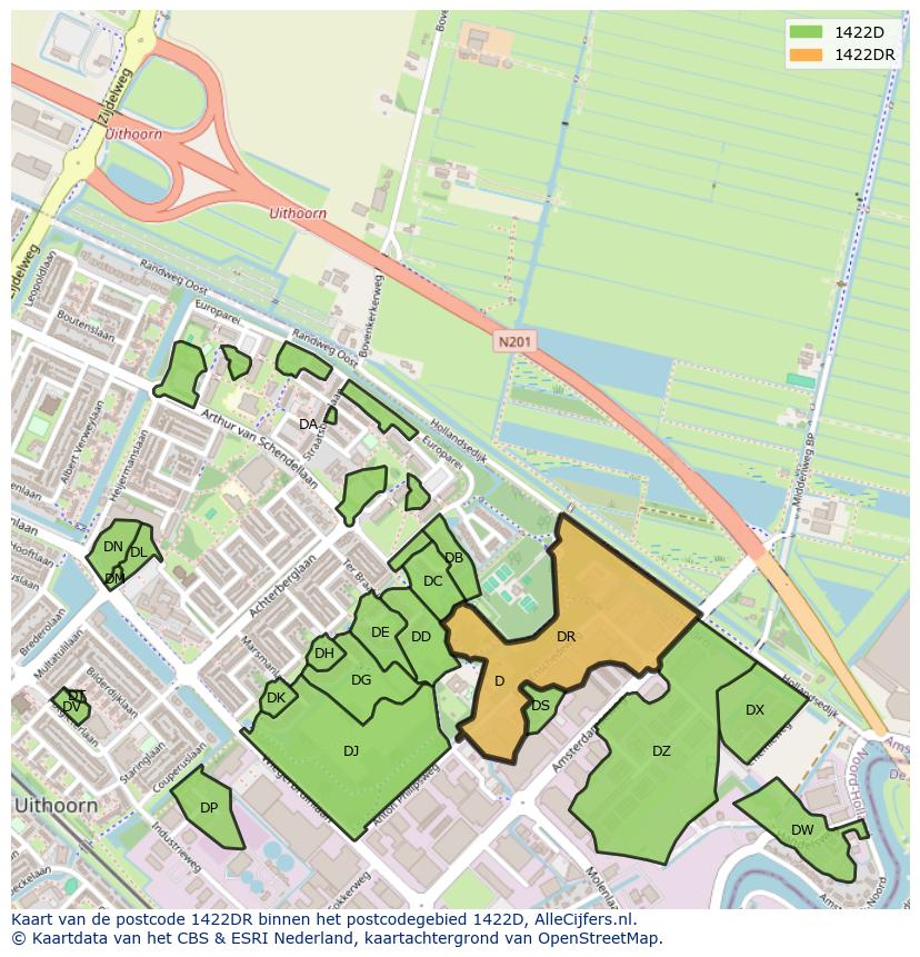 Afbeelding van het postcodegebied 1422 DR op de kaart.