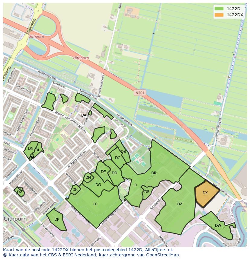 Afbeelding van het postcodegebied 1422 DX op de kaart.