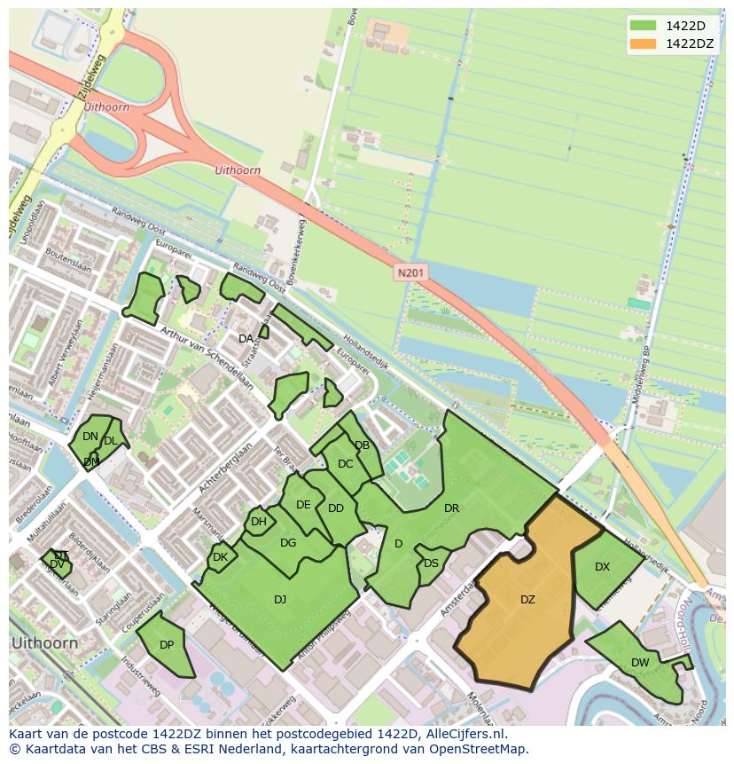 Afbeelding van het postcodegebied 1422 DZ op de kaart.