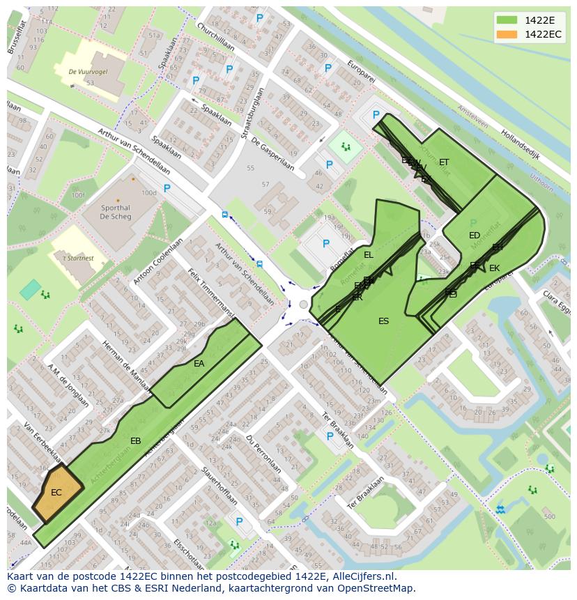 Afbeelding van het postcodegebied 1422 EC op de kaart.