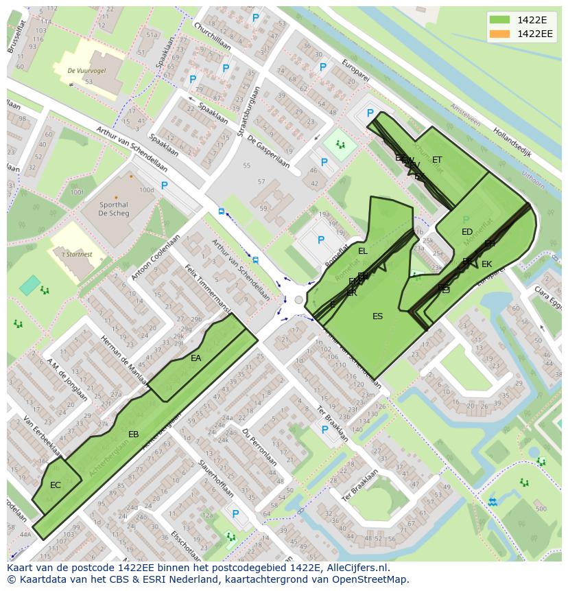 Afbeelding van het postcodegebied 1422 EE op de kaart.