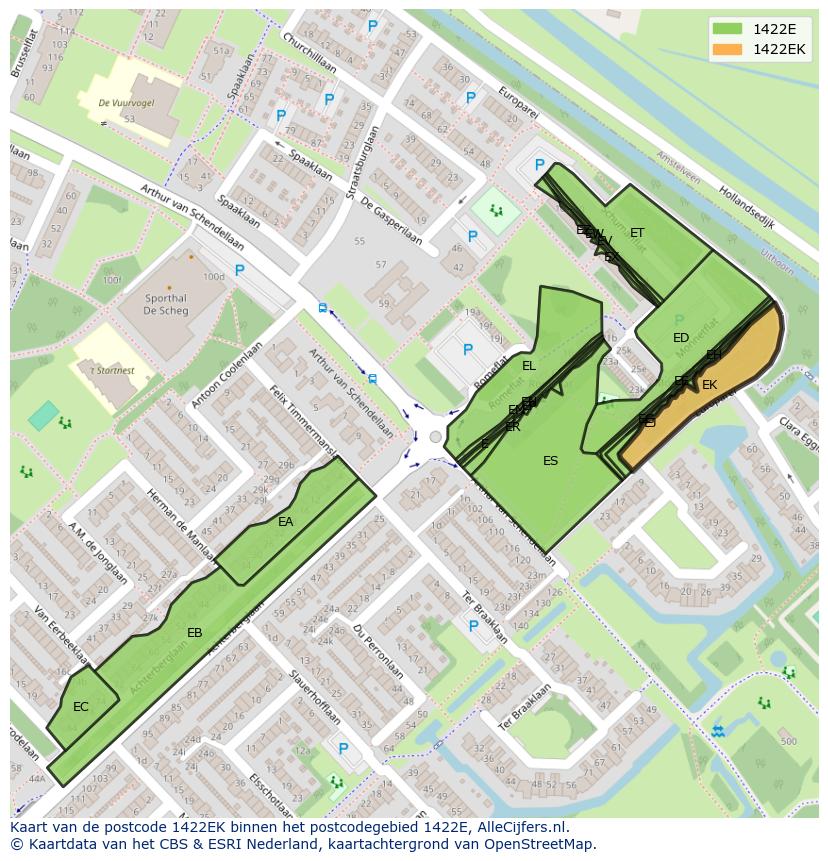 Afbeelding van het postcodegebied 1422 EK op de kaart.
