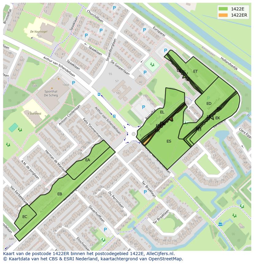 Afbeelding van het postcodegebied 1422 ER op de kaart.