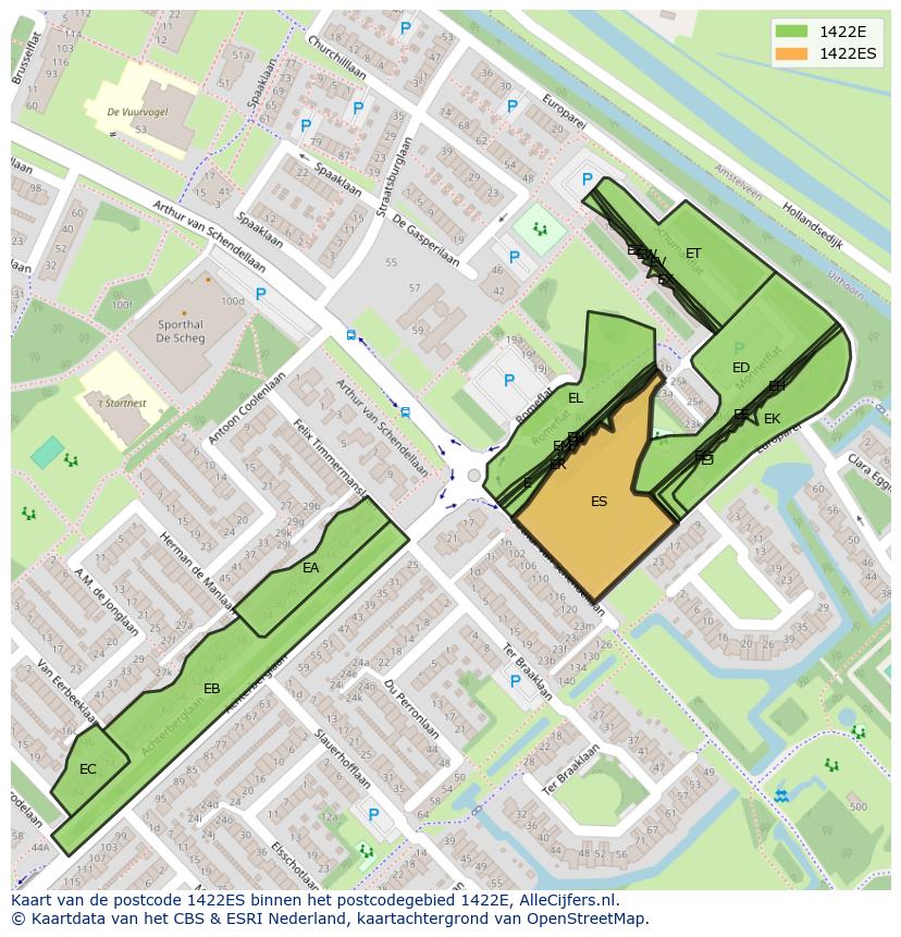 Afbeelding van het postcodegebied 1422 ES op de kaart.