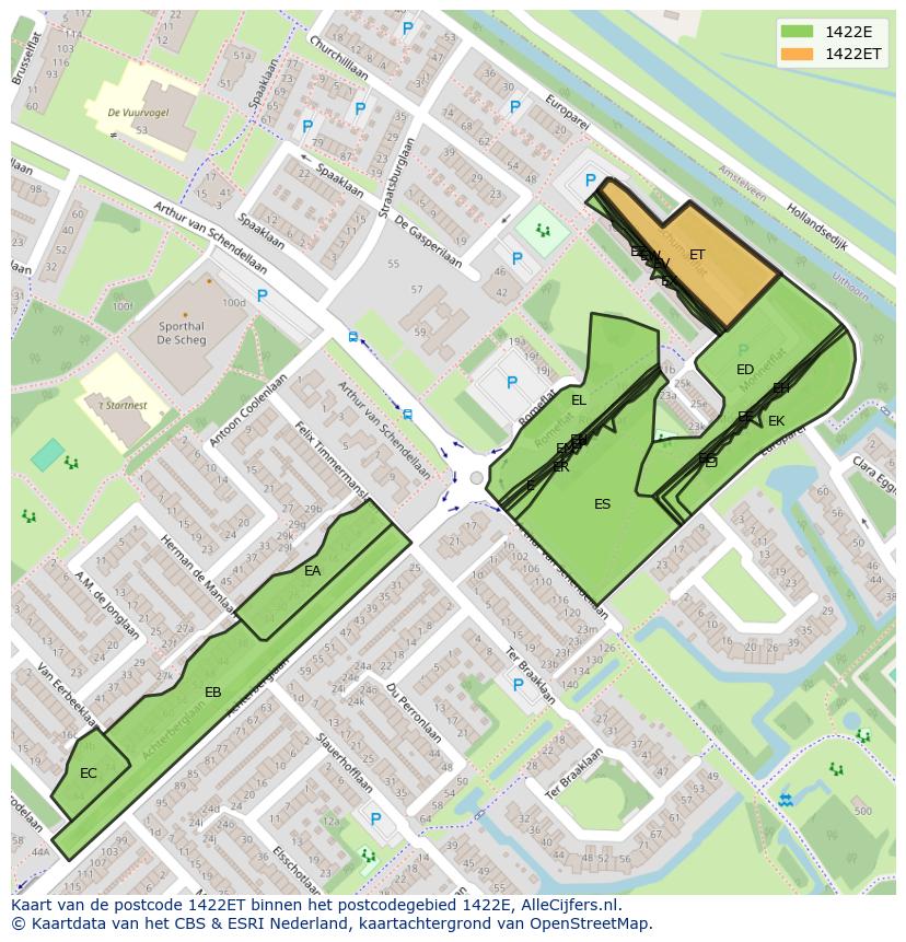 Afbeelding van het postcodegebied 1422 ET op de kaart.