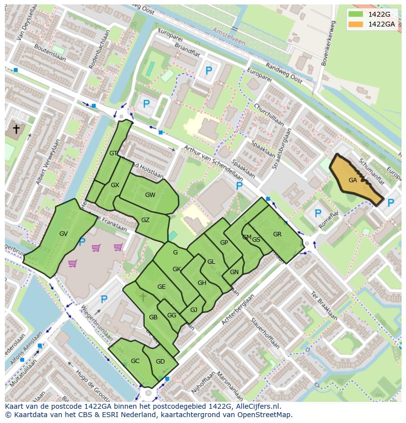 Afbeelding van het postcodegebied 1422 GA op de kaart.