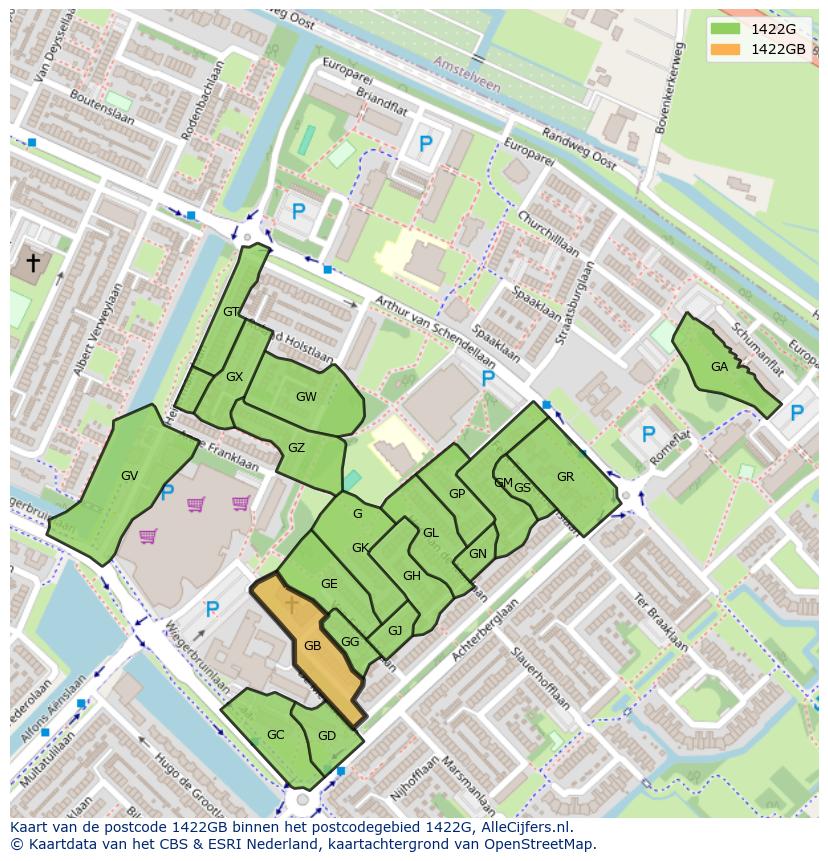 Afbeelding van het postcodegebied 1422 GB op de kaart.