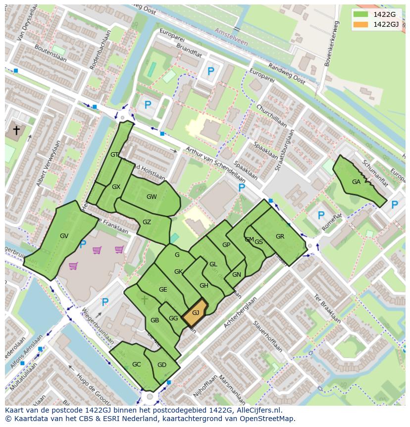 Afbeelding van het postcodegebied 1422 GJ op de kaart.