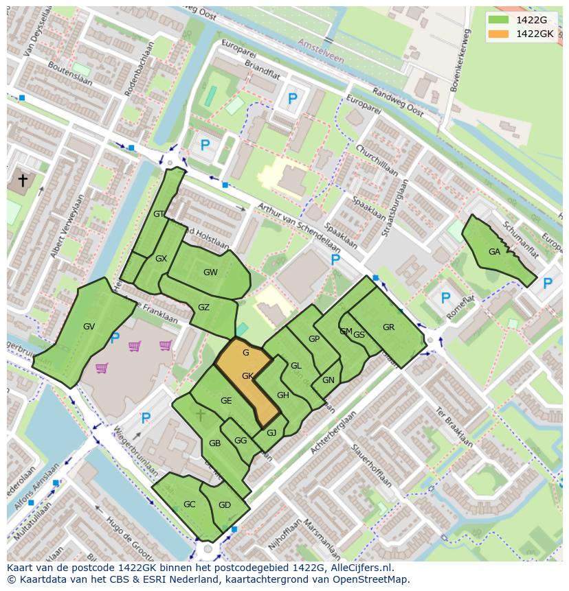 Afbeelding van het postcodegebied 1422 GK op de kaart.