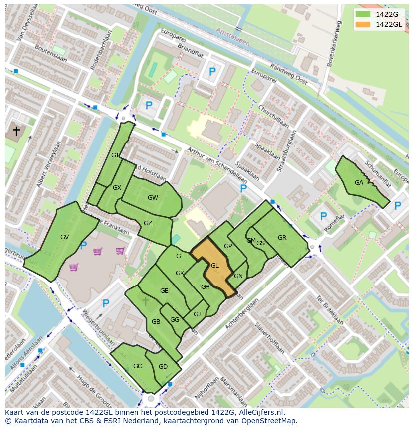 Afbeelding van het postcodegebied 1422 GL op de kaart.