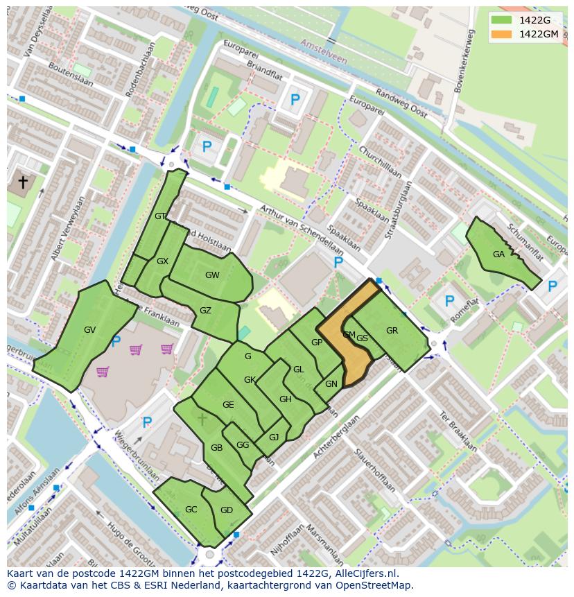 Afbeelding van het postcodegebied 1422 GM op de kaart.