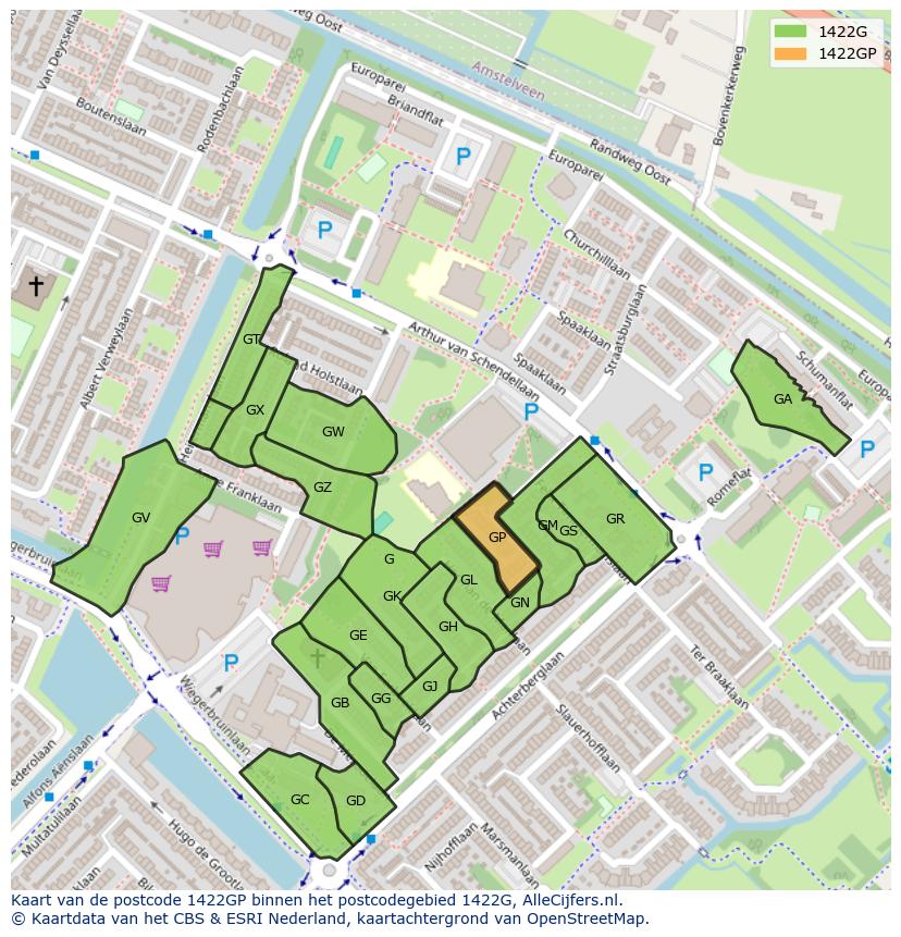 Afbeelding van het postcodegebied 1422 GP op de kaart.