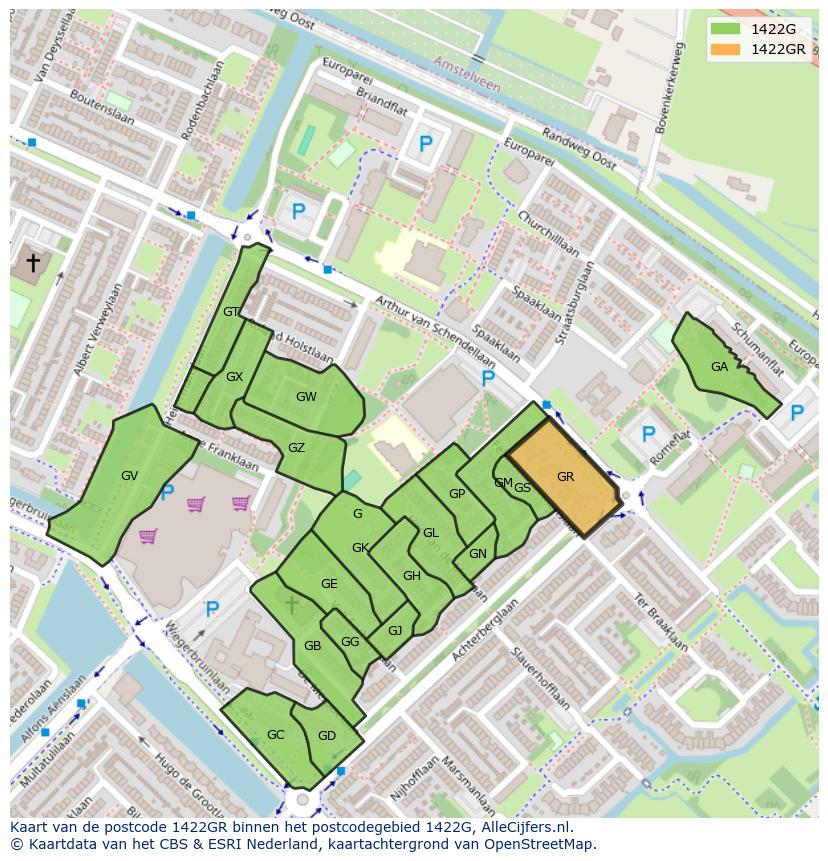 Afbeelding van het postcodegebied 1422 GR op de kaart.