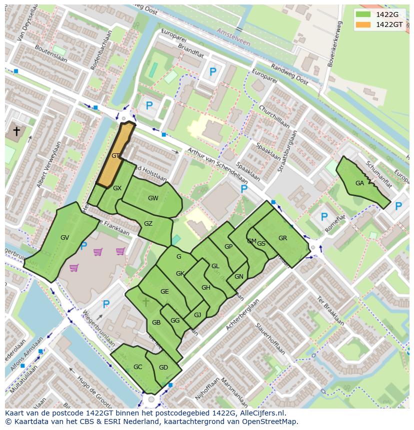 Afbeelding van het postcodegebied 1422 GT op de kaart.