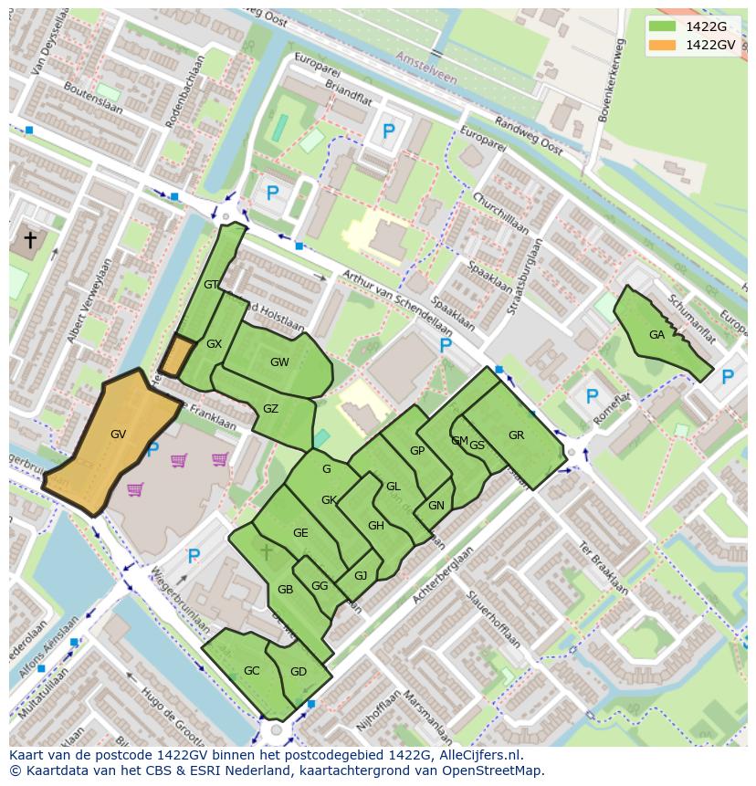 Afbeelding van het postcodegebied 1422 GV op de kaart.