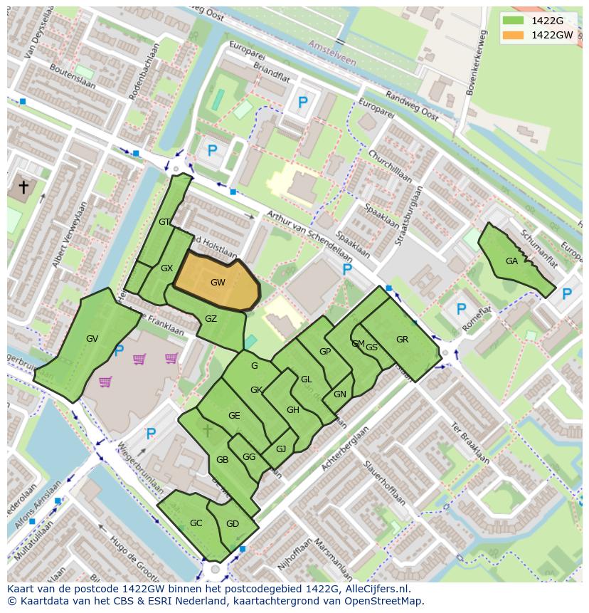 Afbeelding van het postcodegebied 1422 GW op de kaart.