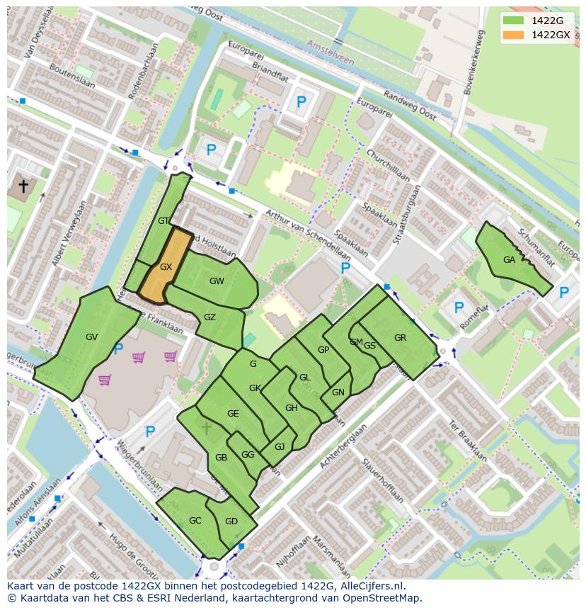Afbeelding van het postcodegebied 1422 GX op de kaart.