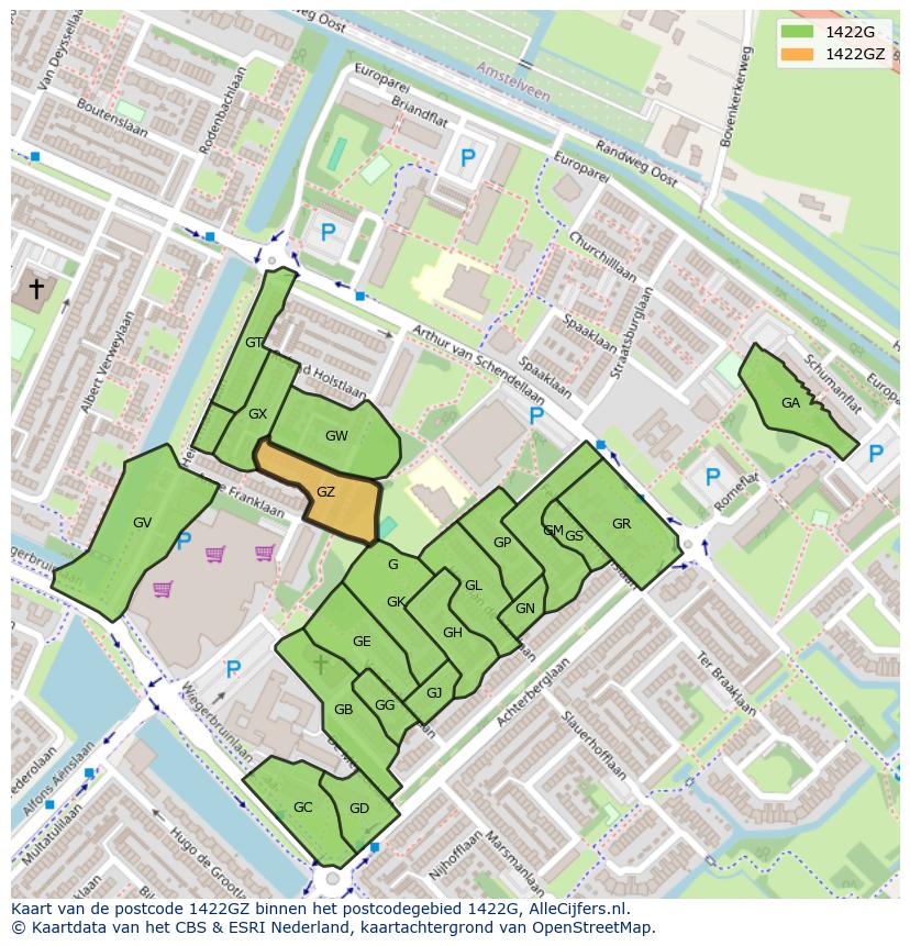 Afbeelding van het postcodegebied 1422 GZ op de kaart.